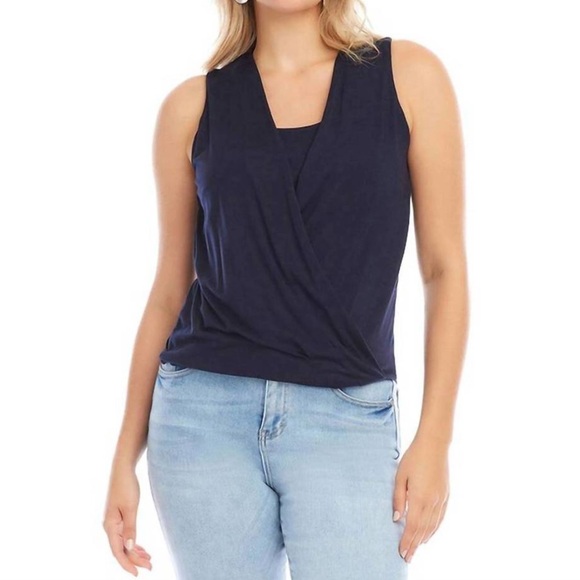Karen Kane Women’s Sleeveless Drape Front Top Faux Wrap Navy size L - Picture 1 of 12